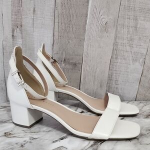 Kelly & Katie White Ankle-Strap Block Heel Sandals with Single Toe Strap